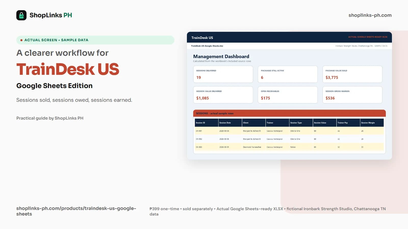 TrainDesk US Google Sheets Edition dashboard using fictional sample data