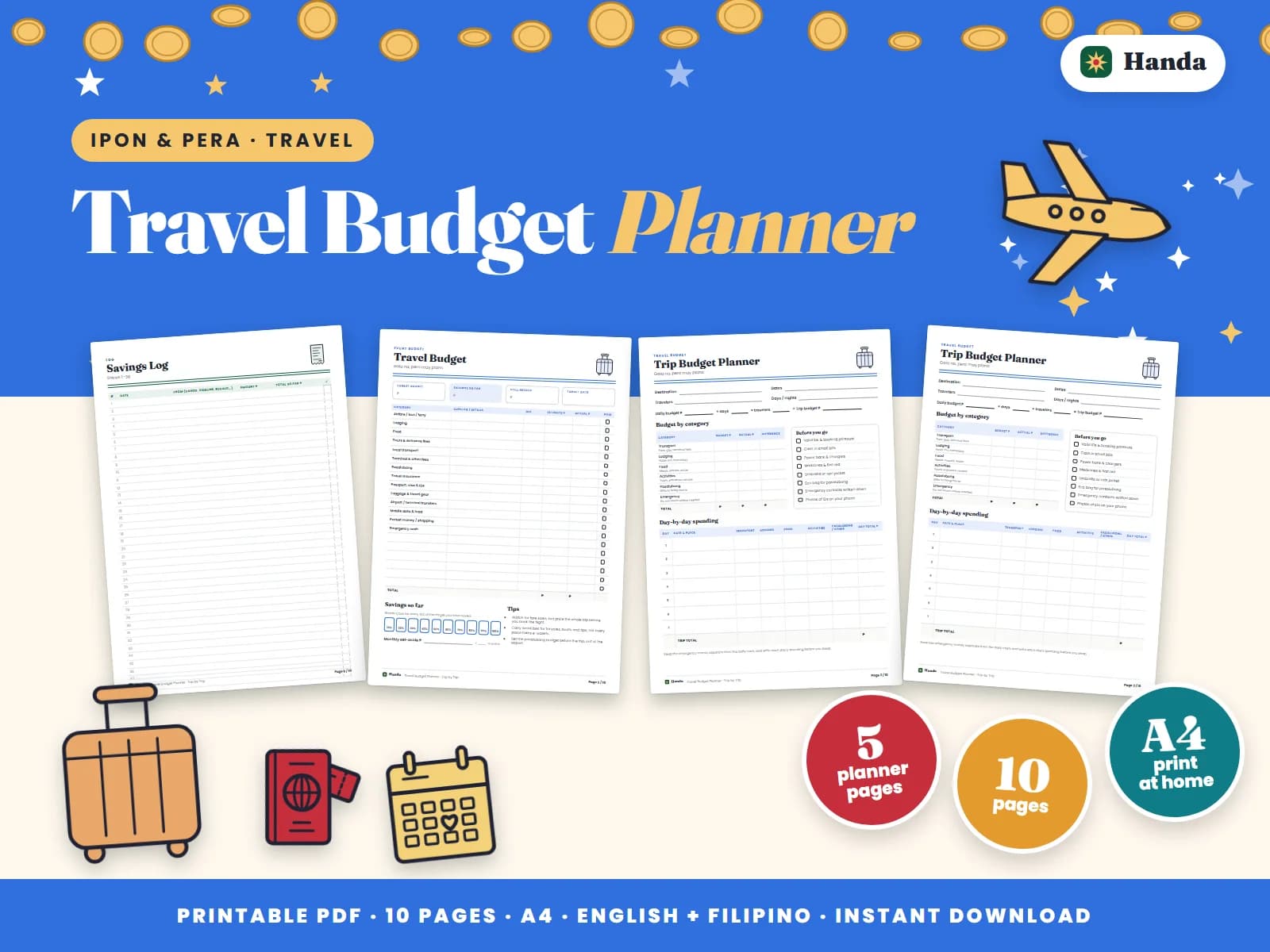 Cover of Travel Budget Planner, a printable budget planner showing four of its pages
