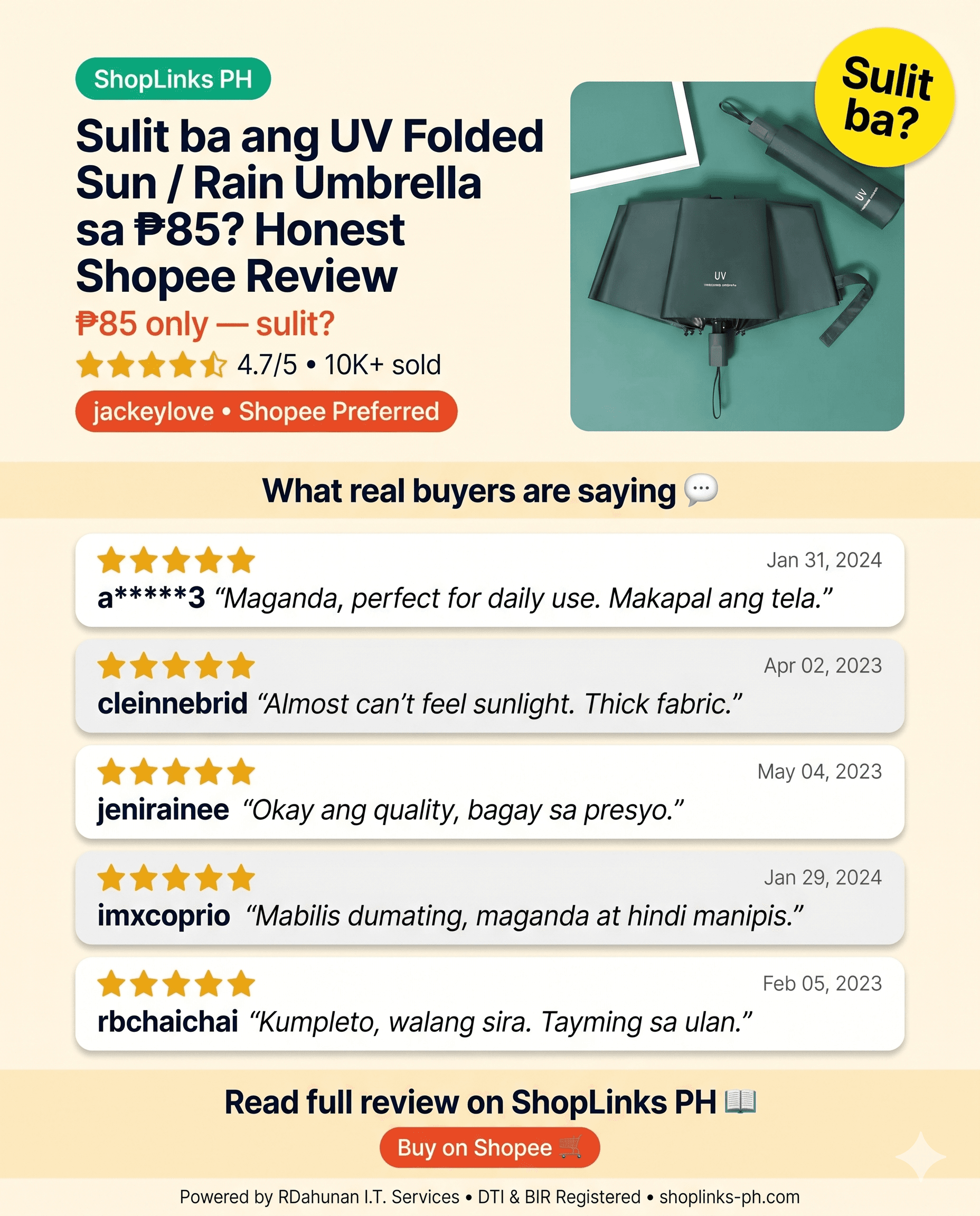 Sulit ba ang UV Folded Sun / Rain Umbrella sa ₱85? cover
