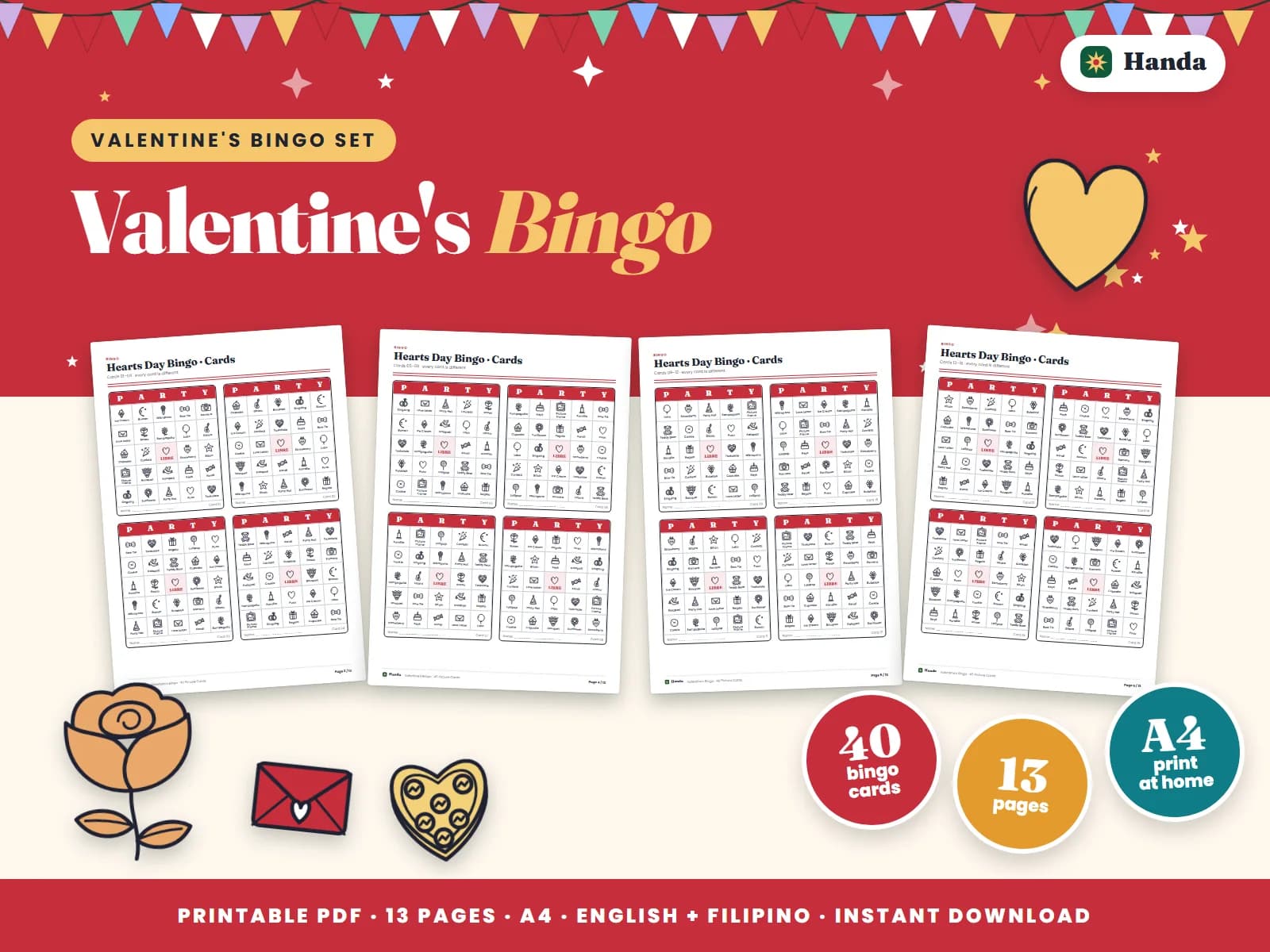 Cover of Valentine's Bingo, a printable bingo set showing four of its pages