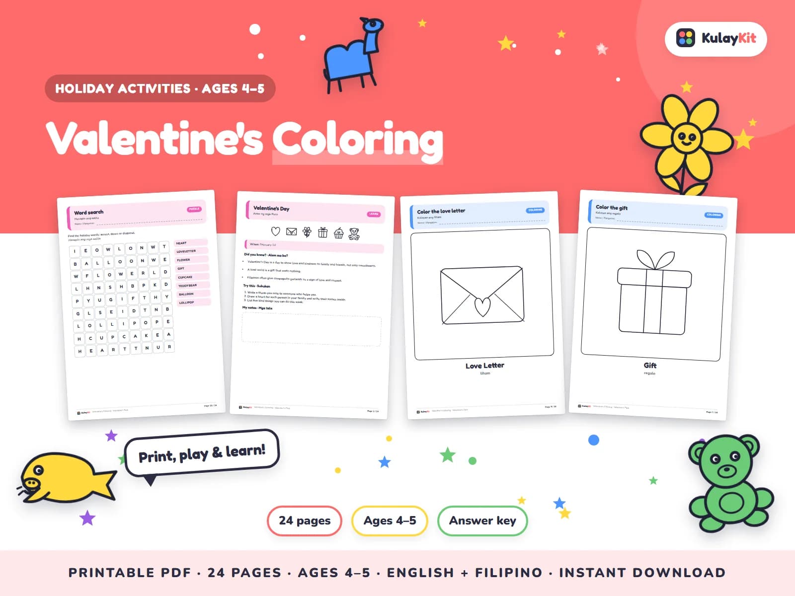 Cover of Valentine's Coloring, a printable pack for preschoolers ages 4 to 5, showing four of its pages