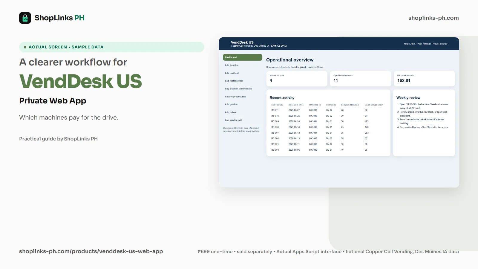 VendDesk US Private Google Sheets Web App dashboard using fictional sample data