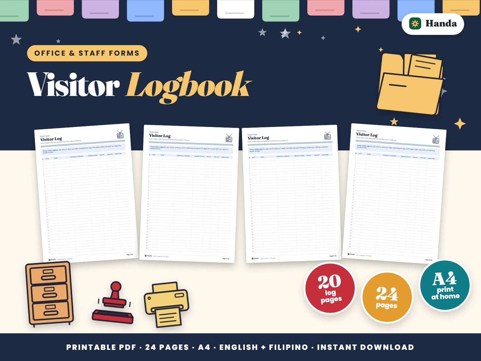 Cover of Visitor Logbook, a printable forms pack showing four of its pages