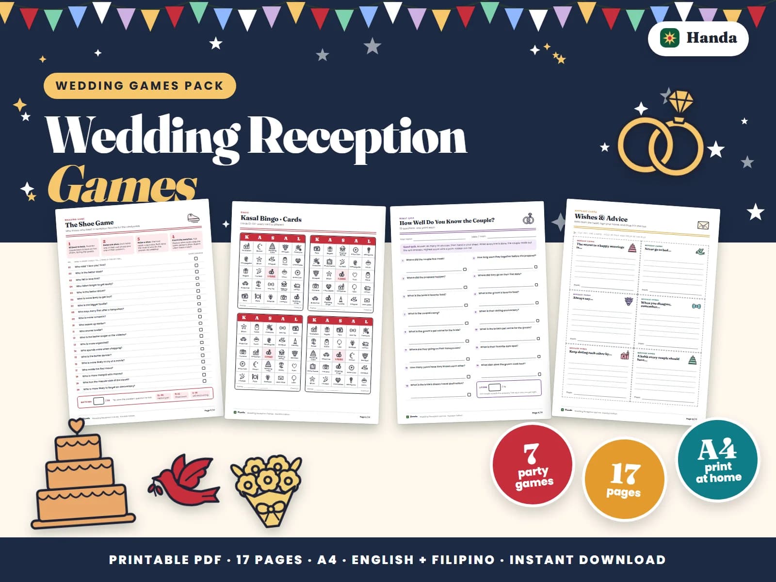Cover of Wedding Reception Games, a printable reception games pack showing four of its pages