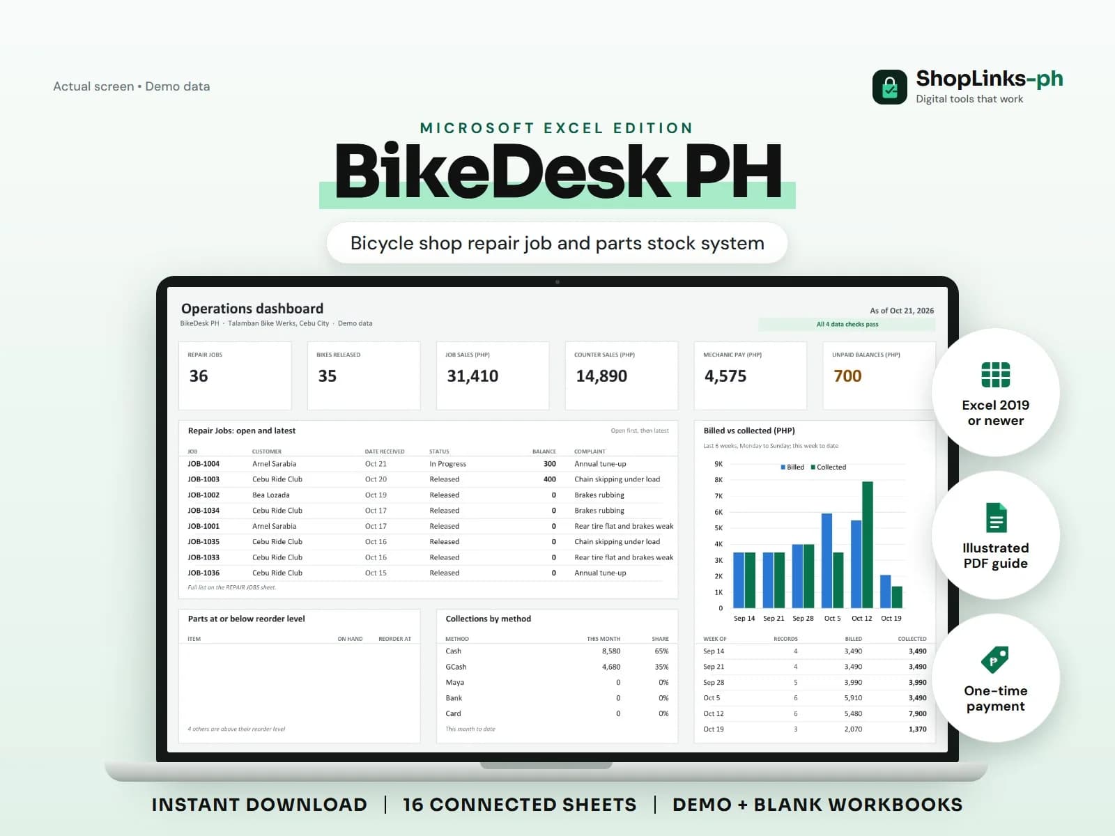 Every part used, labour fee, mechanic share, and warranty date.