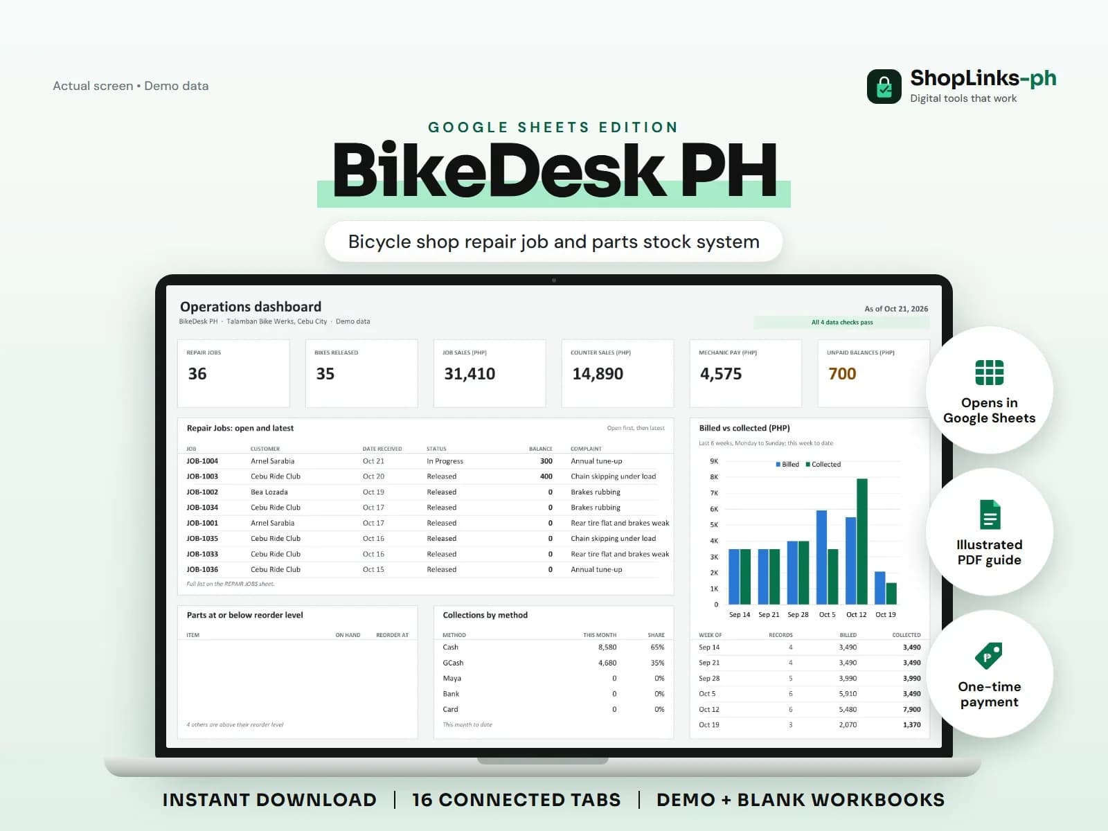 Every part used, labour fee, mechanic share, and warranty date.