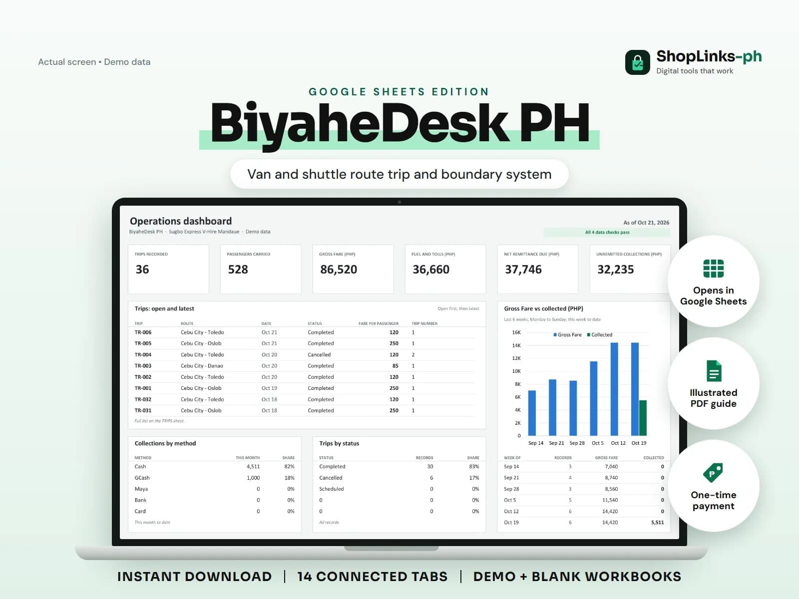 Every trip, passenger, fuel peso, and driver remittance on one board.