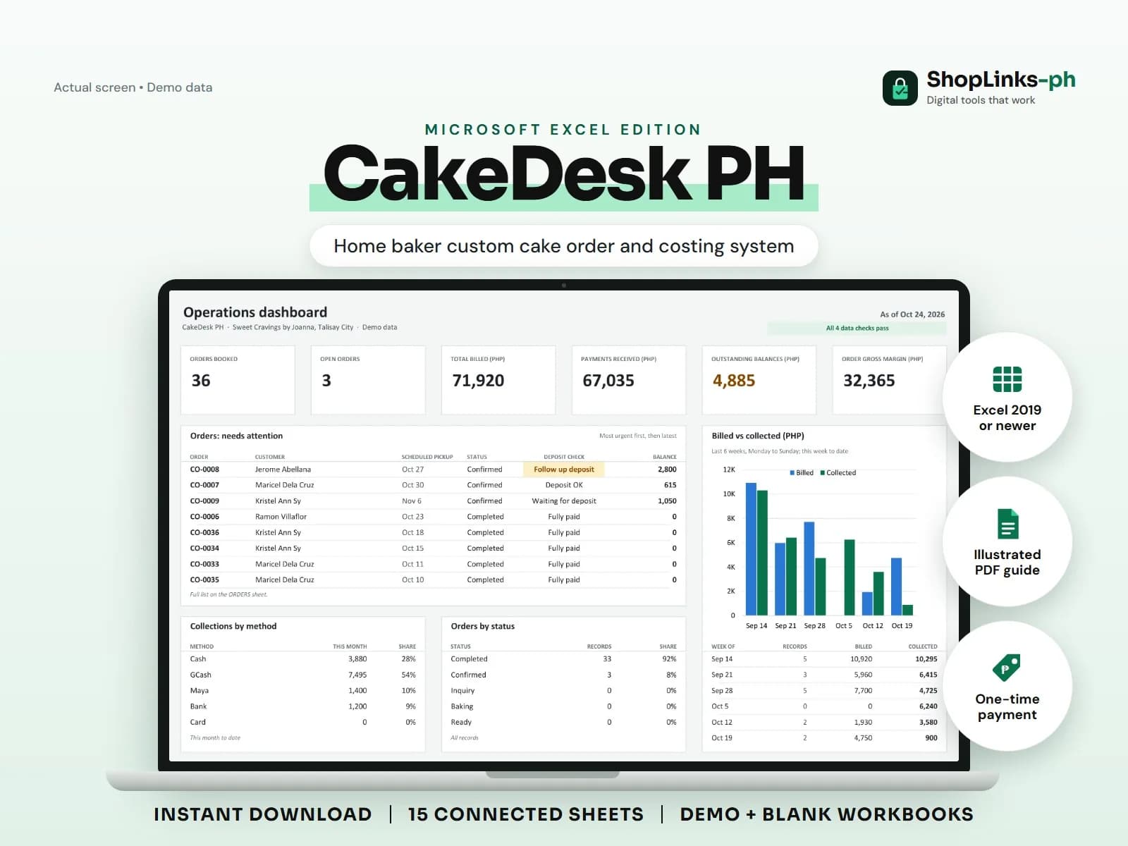 Every cake priced from its recipe, every deposit accounted for.