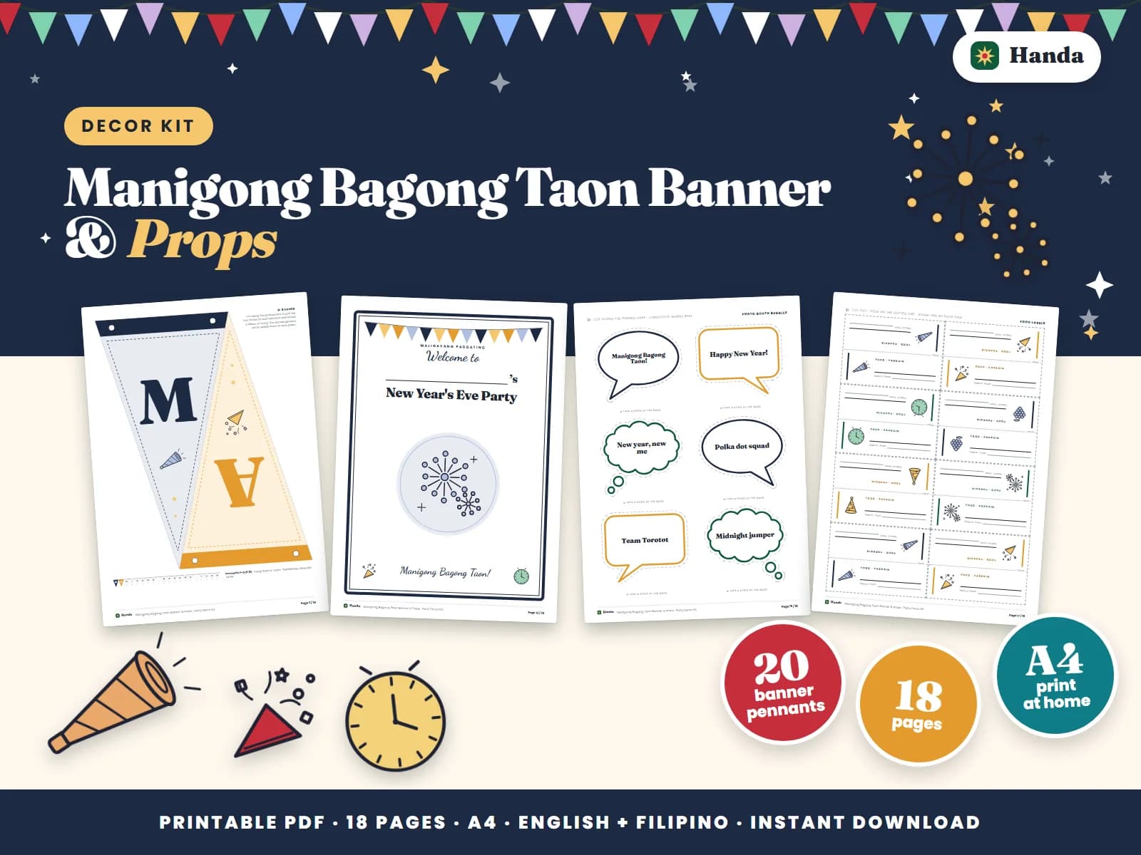 Banner letters, signs, photo props and food labels for New Year's Eve.