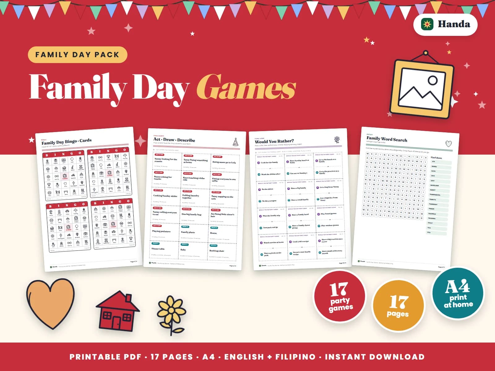 Family bingo, parlor games, icebreakers, word games and awards.