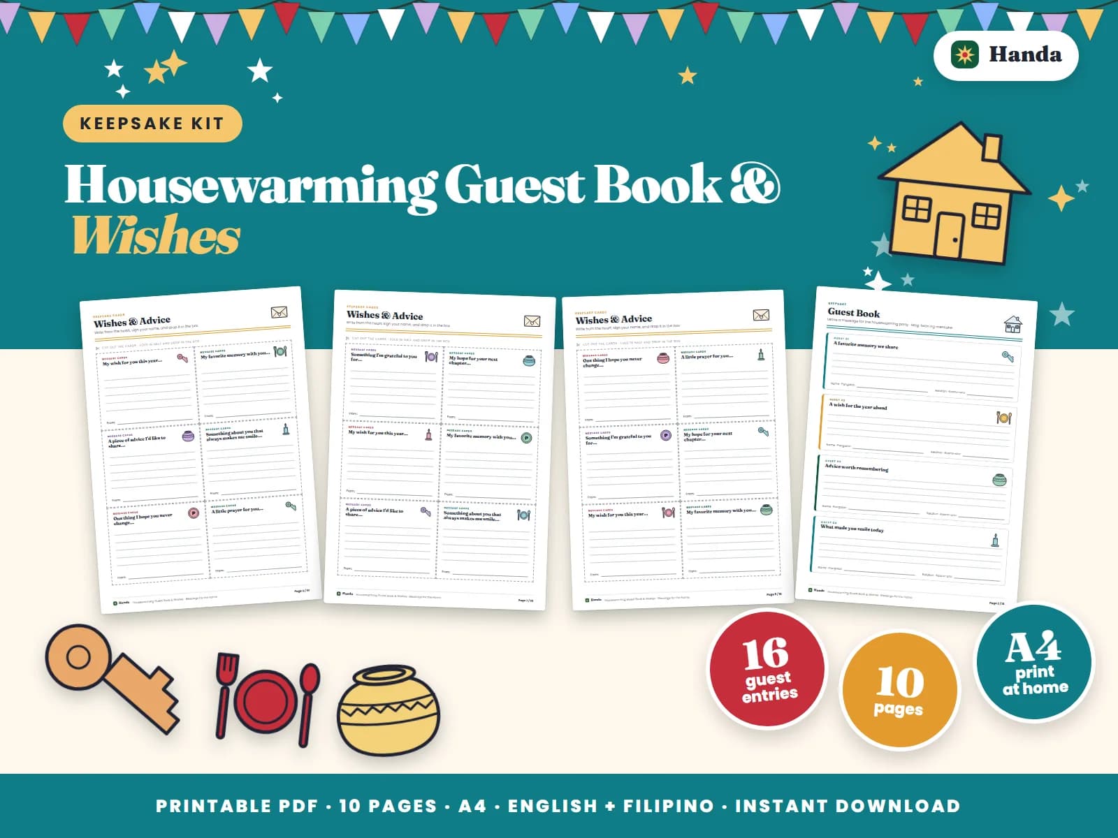 Guest book pages, wish cards and thank-you notes for the new home.