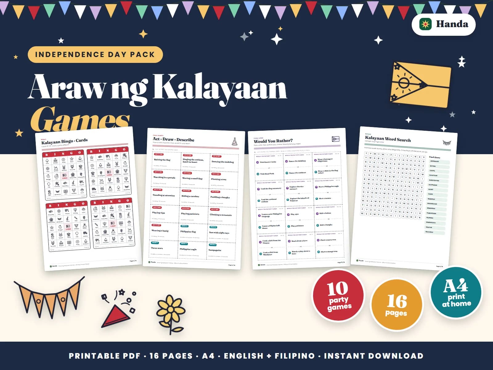 Kalayaan bingo, a crossword, icebreakers, word games and awards.