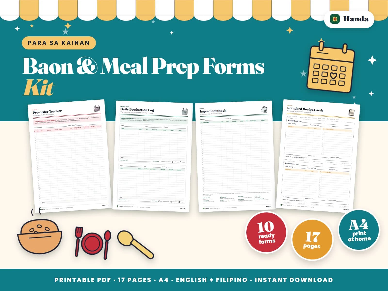 Weekly pre-orders, cooking and ingredient logs, recipe cards, deliveries and a customer list for meal prep sellers.
