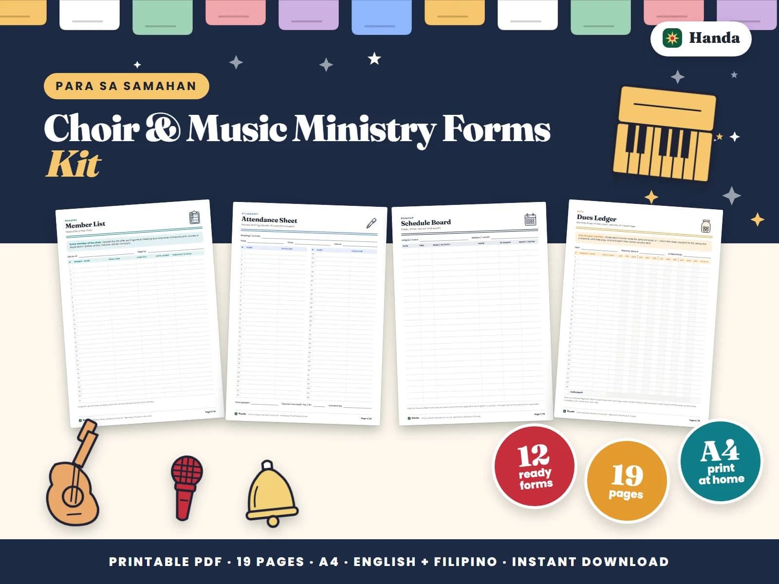 Member list, practice attendance, schedules, dues and a cash book for a choir or music ministry.