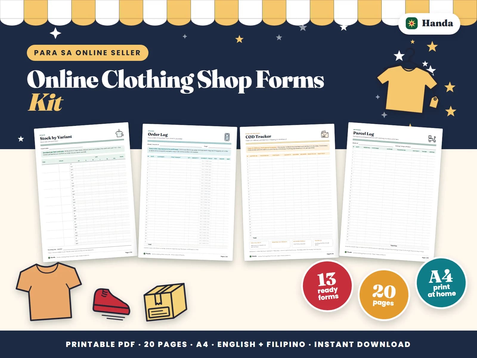 Stock by size and color, order logs, COD, returns, packing slips and labels for online clothing sellers.