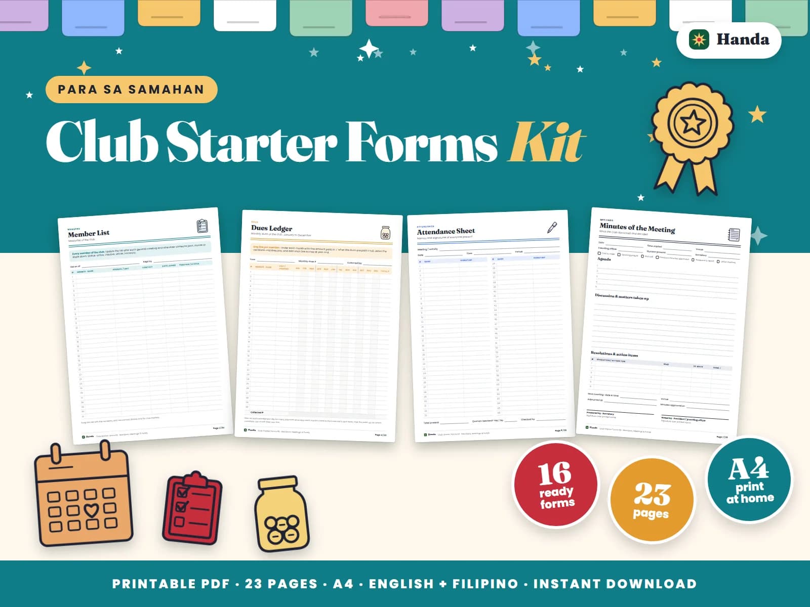 Member list, dues, attendance, minutes, cash book, registration forms and schedules for any small club.
