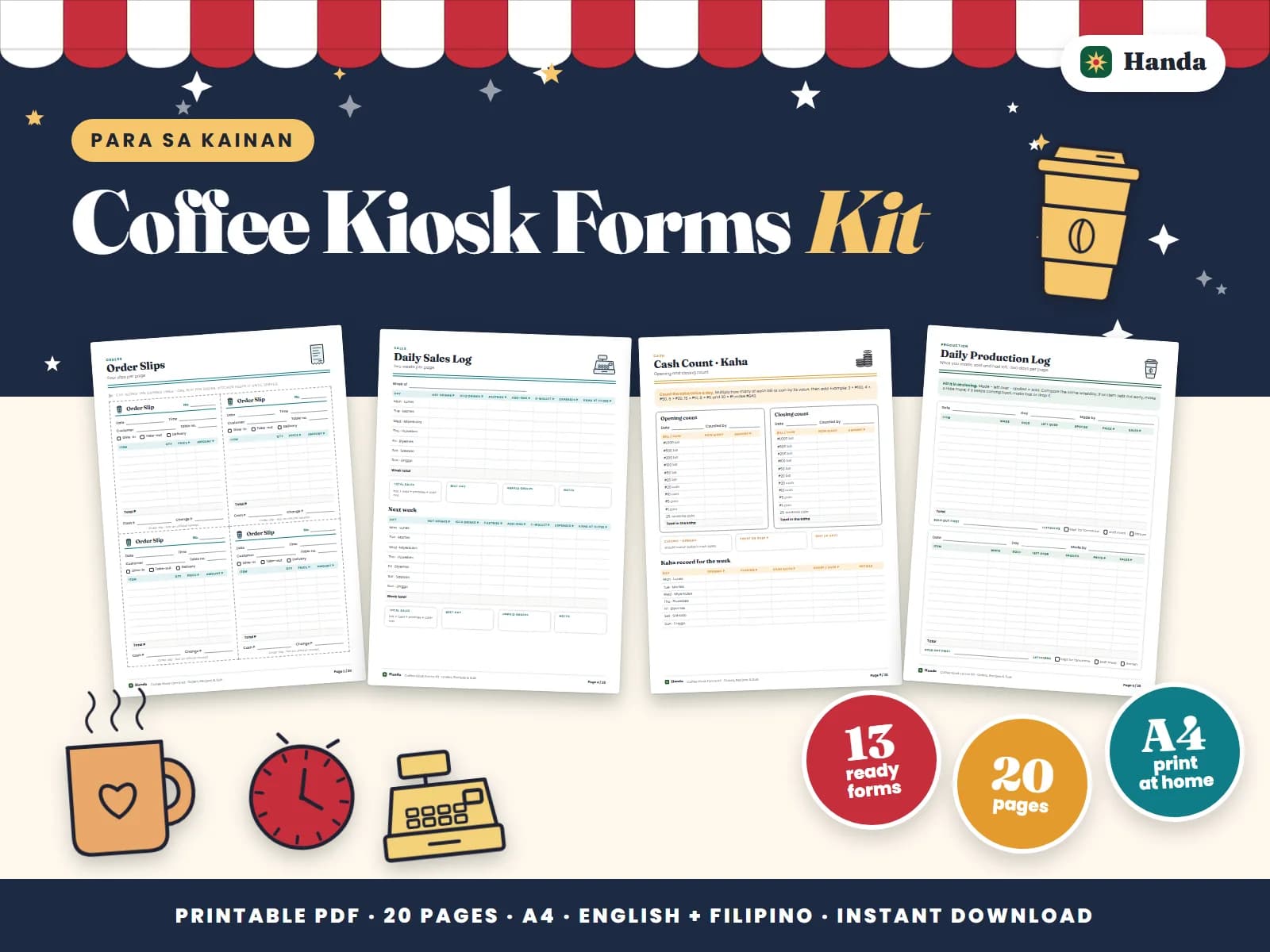 Order slips, recipe cards, ingredient stock, daily sales and suki cards for a coffee kiosk.