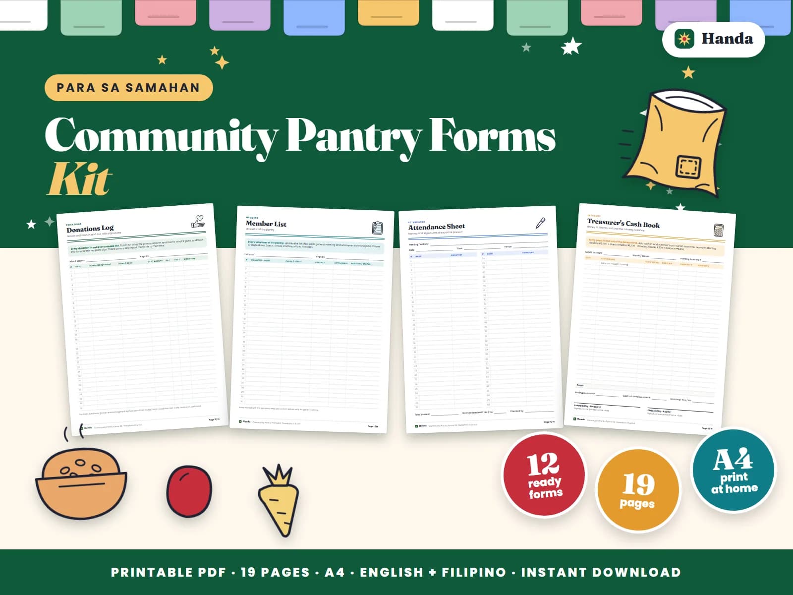 Donation logs, volunteer list, attendance, a cash book and checklists for a community pantry.