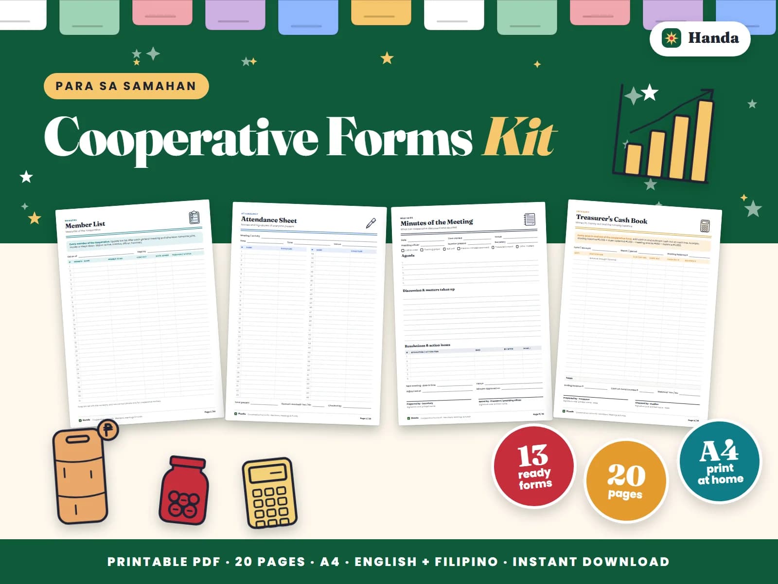 Member lists, attendance, minutes, cash book, payment slips and collection records for a small cooperative.