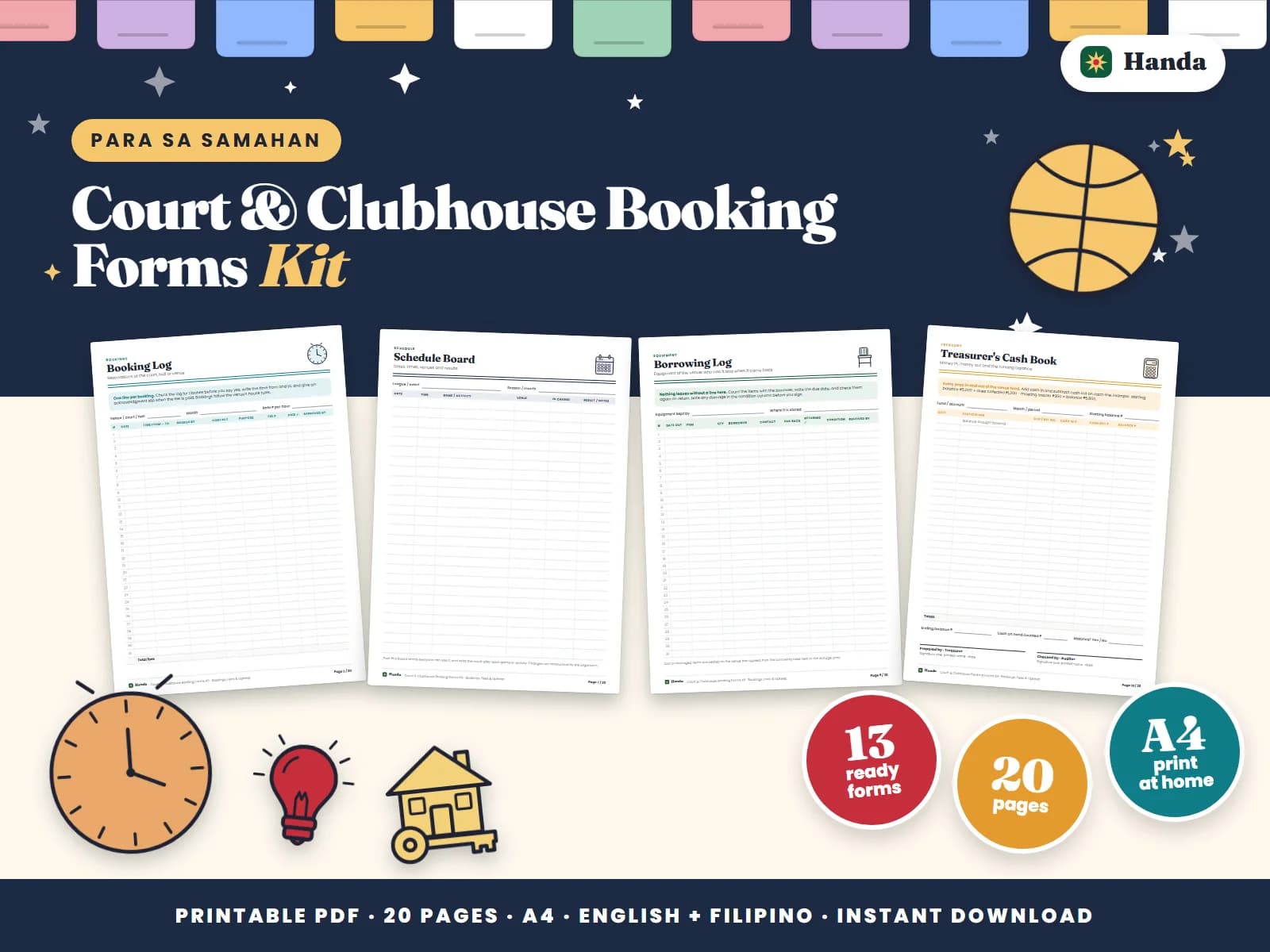 Booking logs, schedules, equipment borrowing, a cash book and maintenance records for a court or clubhouse.