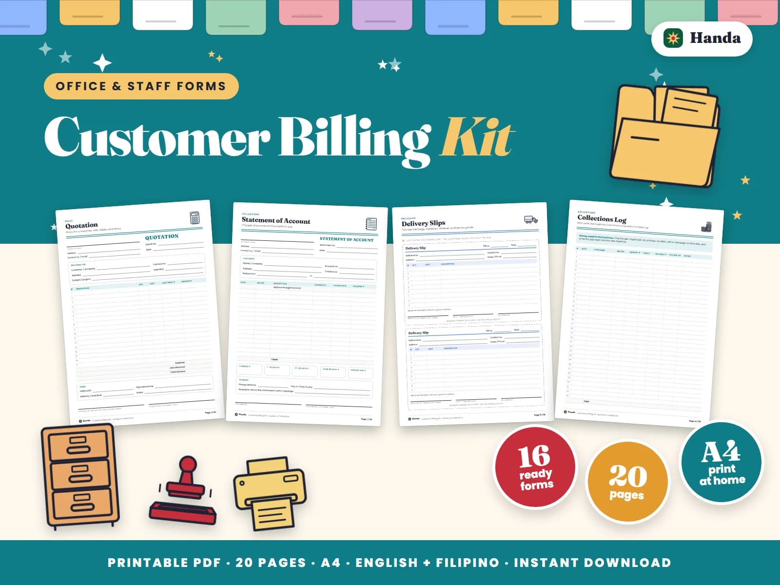 Quotations, statements of account, delivery slips, a collections log and payment slips for billing customers.