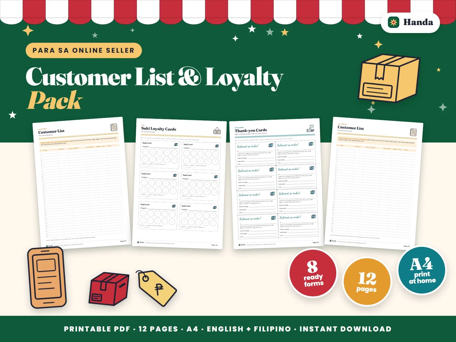 Customer lists, suki stamp cards and thank-you cards to turn first orders into repeat buyers.