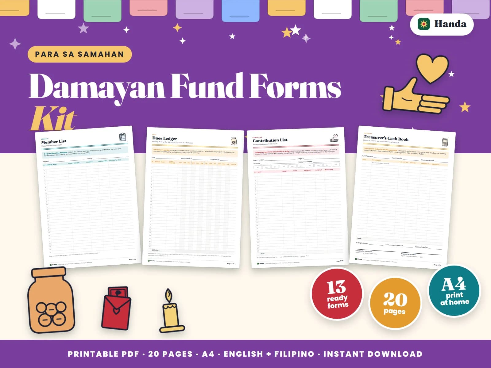 Member lists, dues ledger, contribution lists, cash book and payment slips for a damayan or mutual aid fund.
