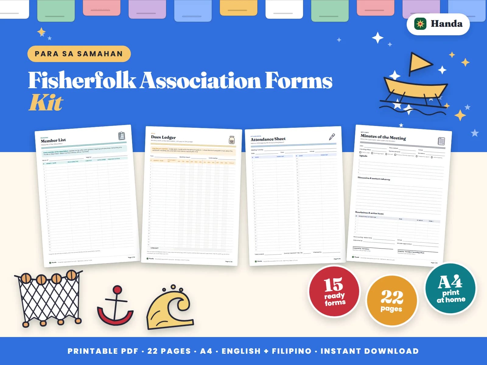 Member list, dues, meetings, shared gear logs and a cash book for a fisherfolk association.