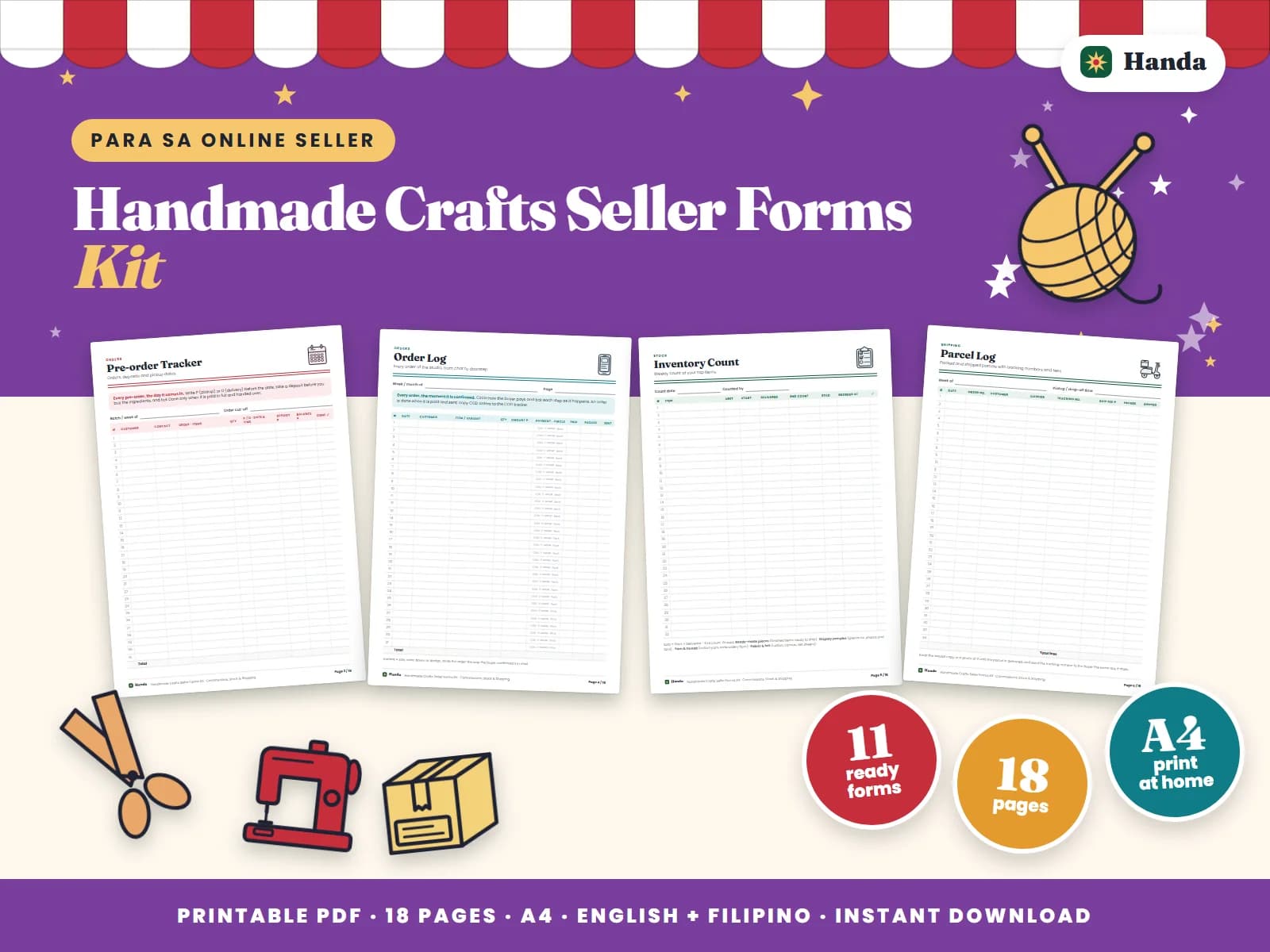 Commission and pre-order trackers, stock, parcels, labels and thank-you cards for handmade sellers.