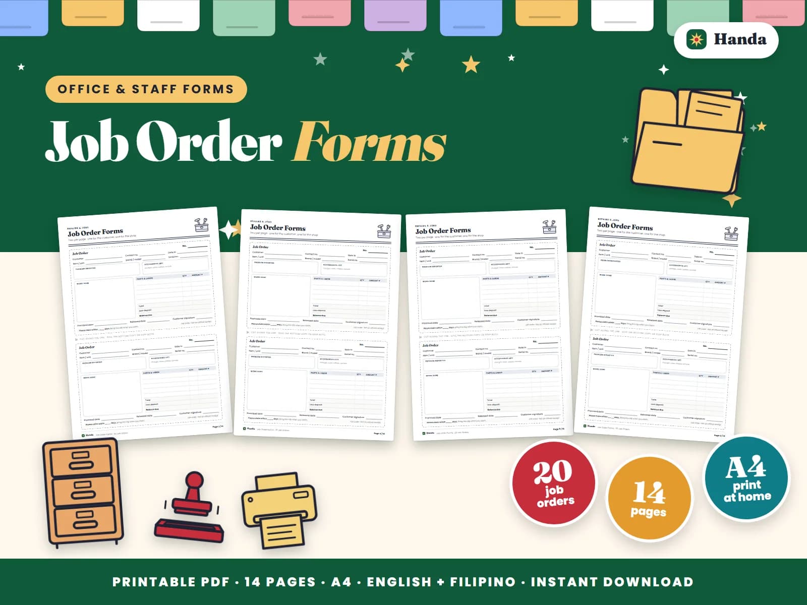 Twenty job order forms with the unit, problem, work done, parts, labor and claim details.