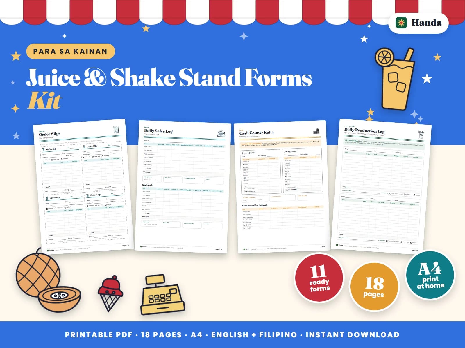 Order slips, recipe cards, fruit and ingredient stock, daily sales and cleaning checklists for a juice stand.