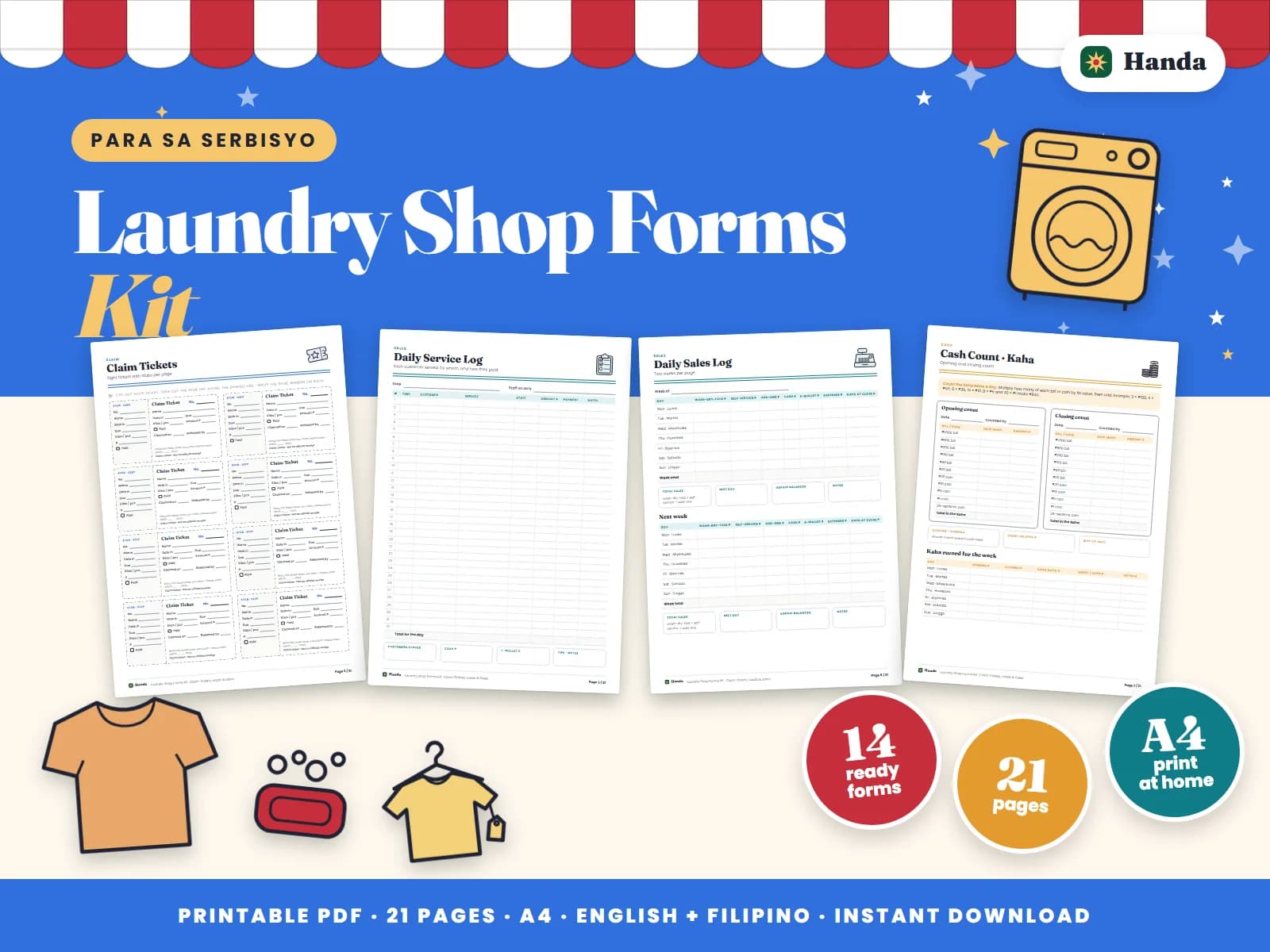 Claim tickets, machine load logs, daily sales, supplies and maintenance records for a laundry shop.