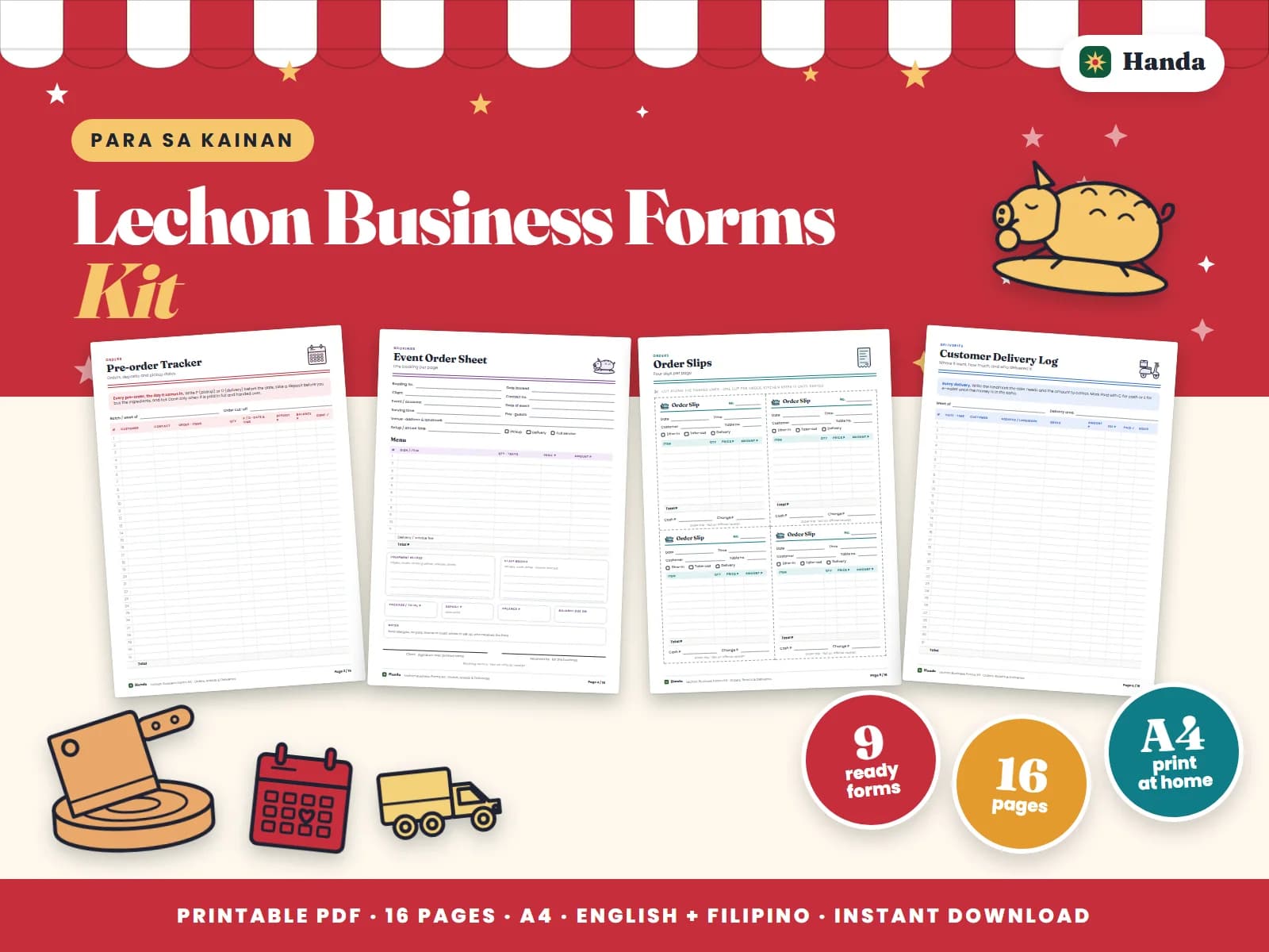 Pre-orders, event order sheets, order slips and delivery records for a lechon business.