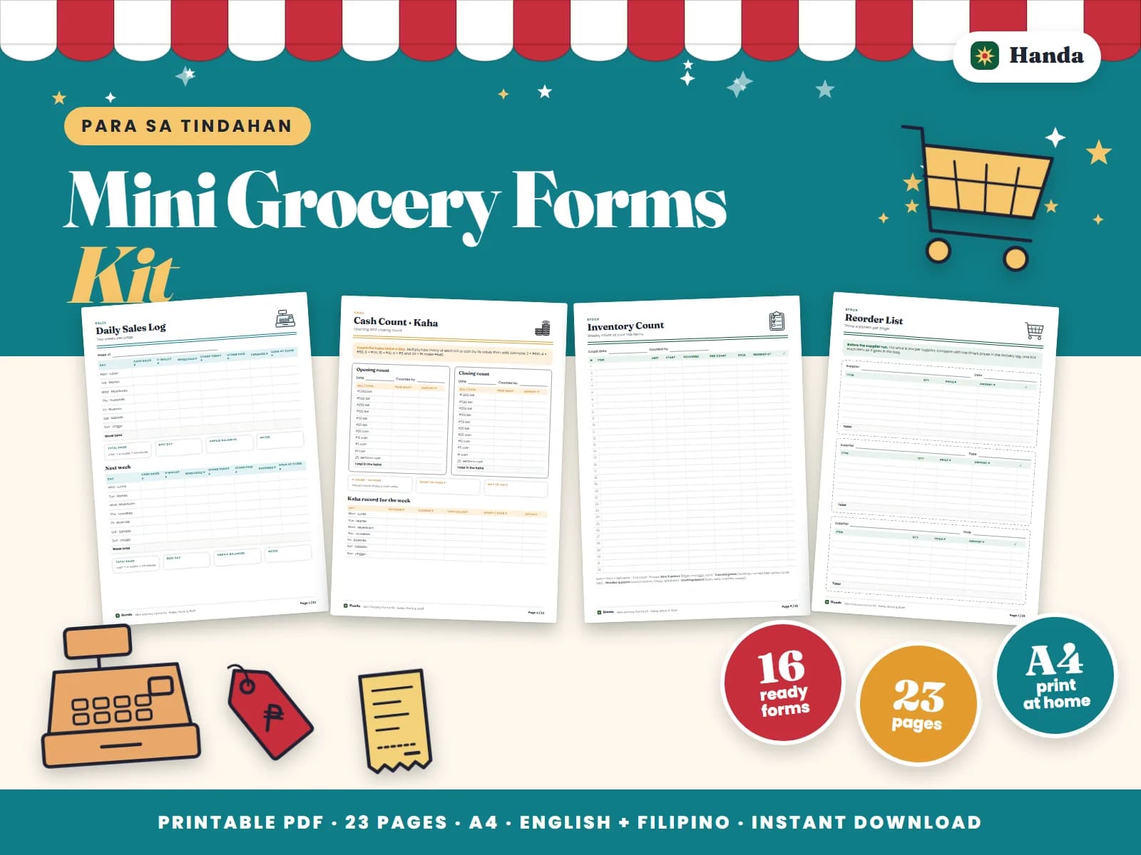 Daily sales, kaha counts, inventory, reorders, supplier records and staff schedules for a neighborhood grocery.