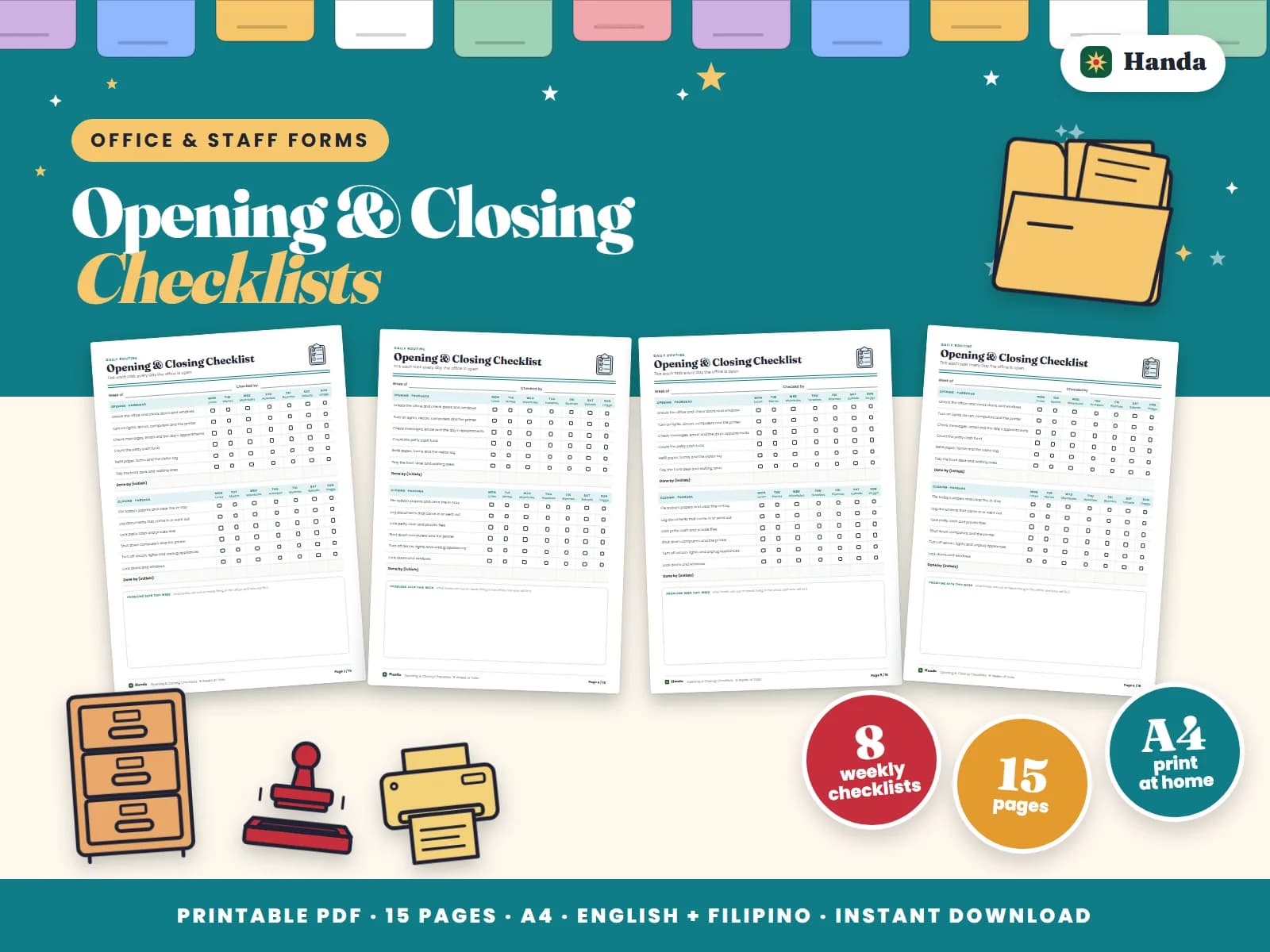 Eight weekly opening and closing checklists and three signs for any small business.