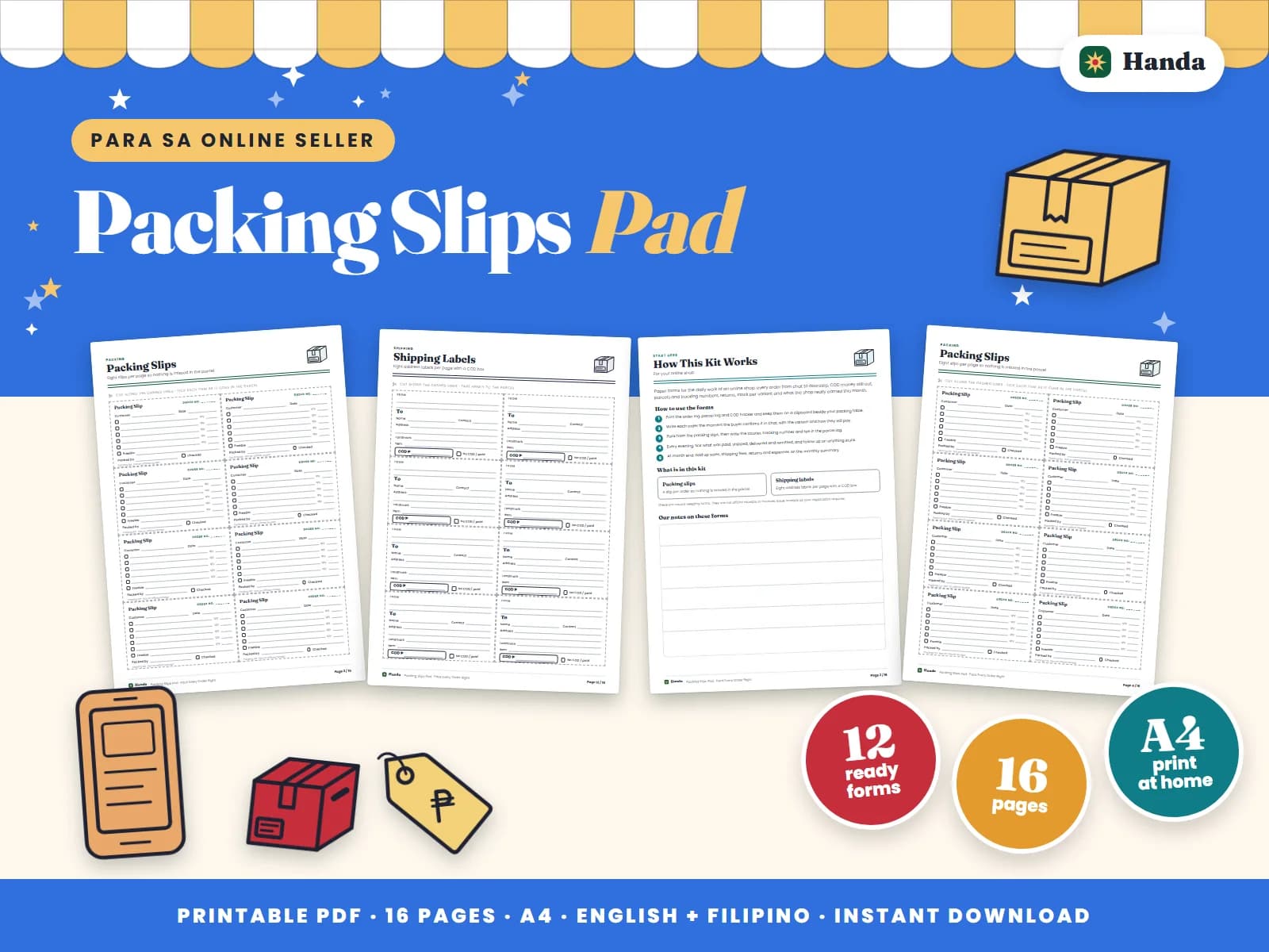 Ten pages of packing slips plus shipping labels, so every parcel has the right items and freebies.