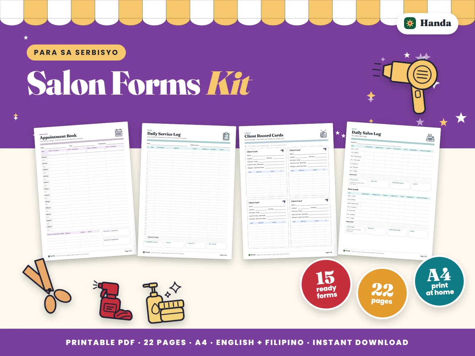 Appointment book, client cards, daily service log, commissions and a price list for a beauty salon.