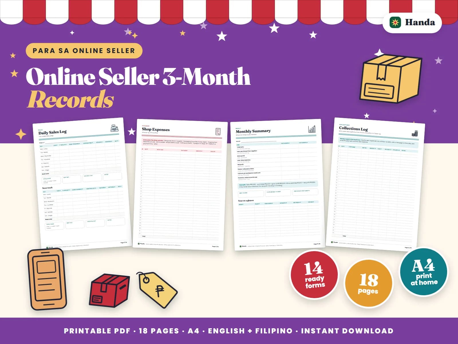 Twelve weeks of daily sales, expenses, monthly summaries and collections for an online shop.