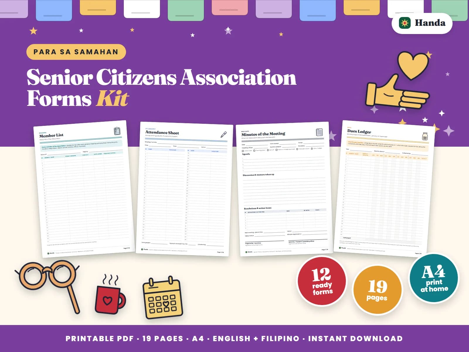 Member lists, attendance, minutes, dues ledger and cash book for a senior citizens association.