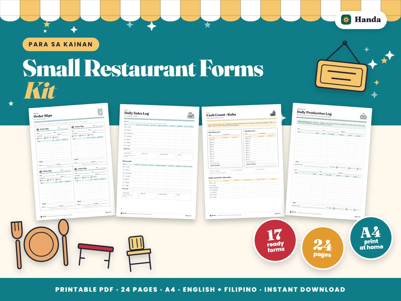 Order slips, recipe cards, ingredient stock, suppliers, staff schedules and time records for a small restaurant.