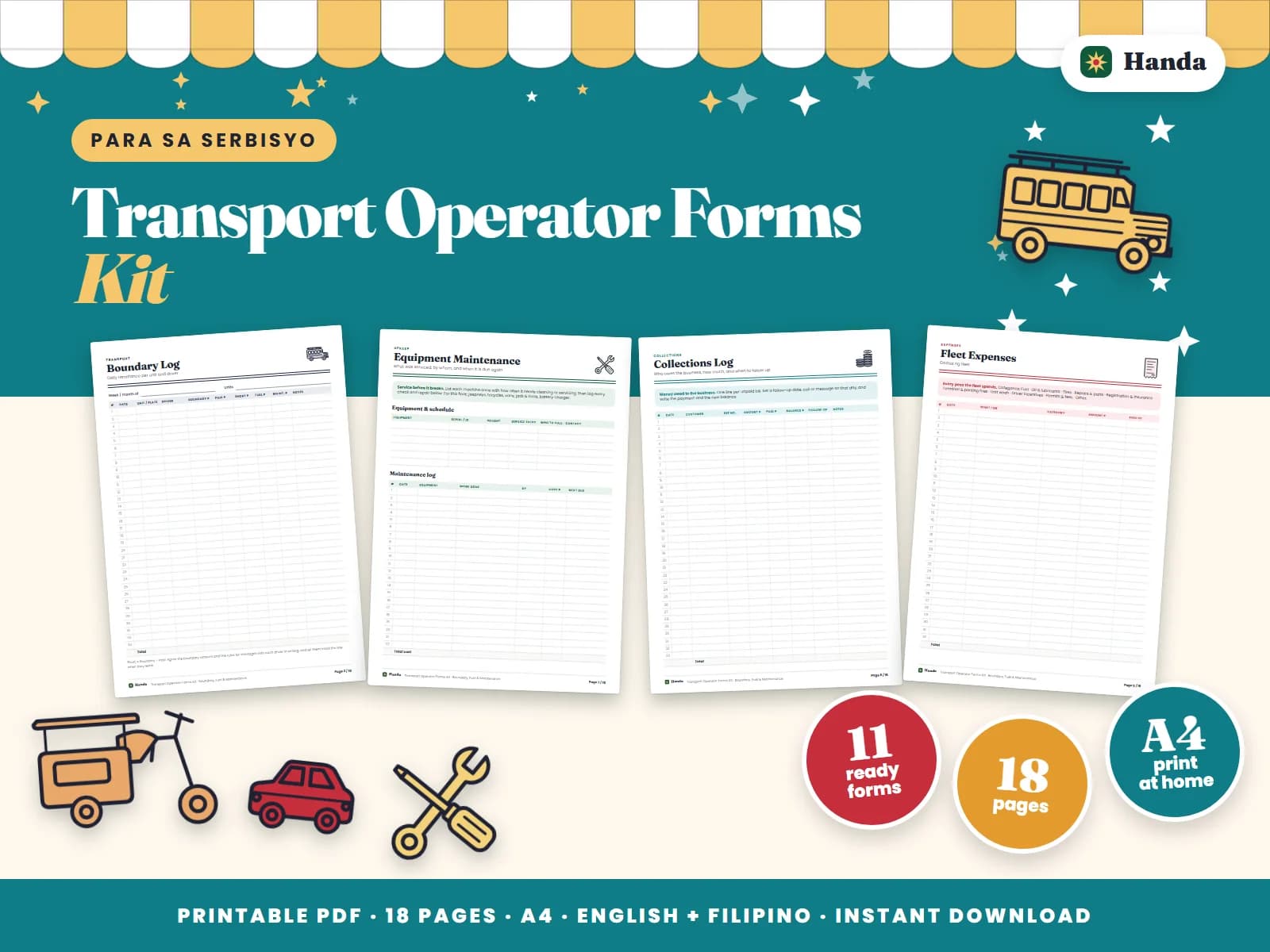 Boundary logs, fuel and trip records, maintenance and collections for tricycle, jeepney and van operators.