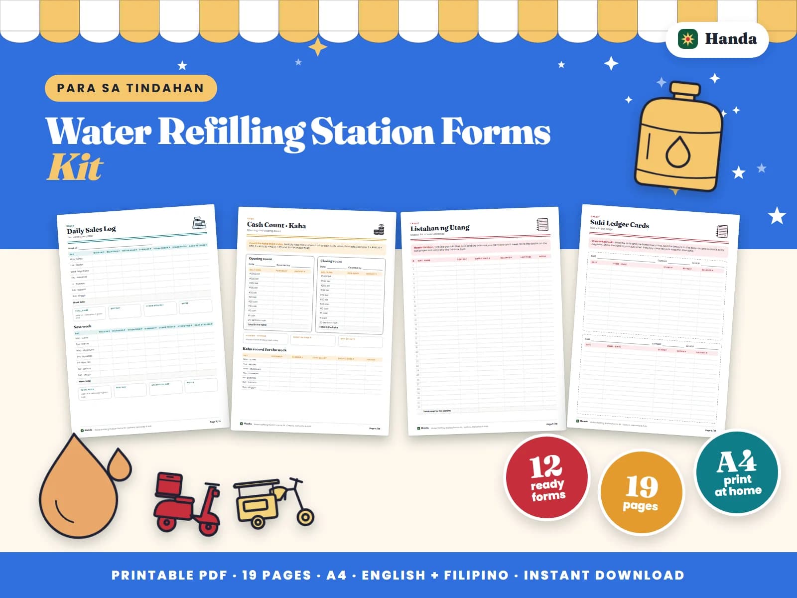 Gallon deliveries, container deposits, daily sales, utang and maintenance records for a refilling station.