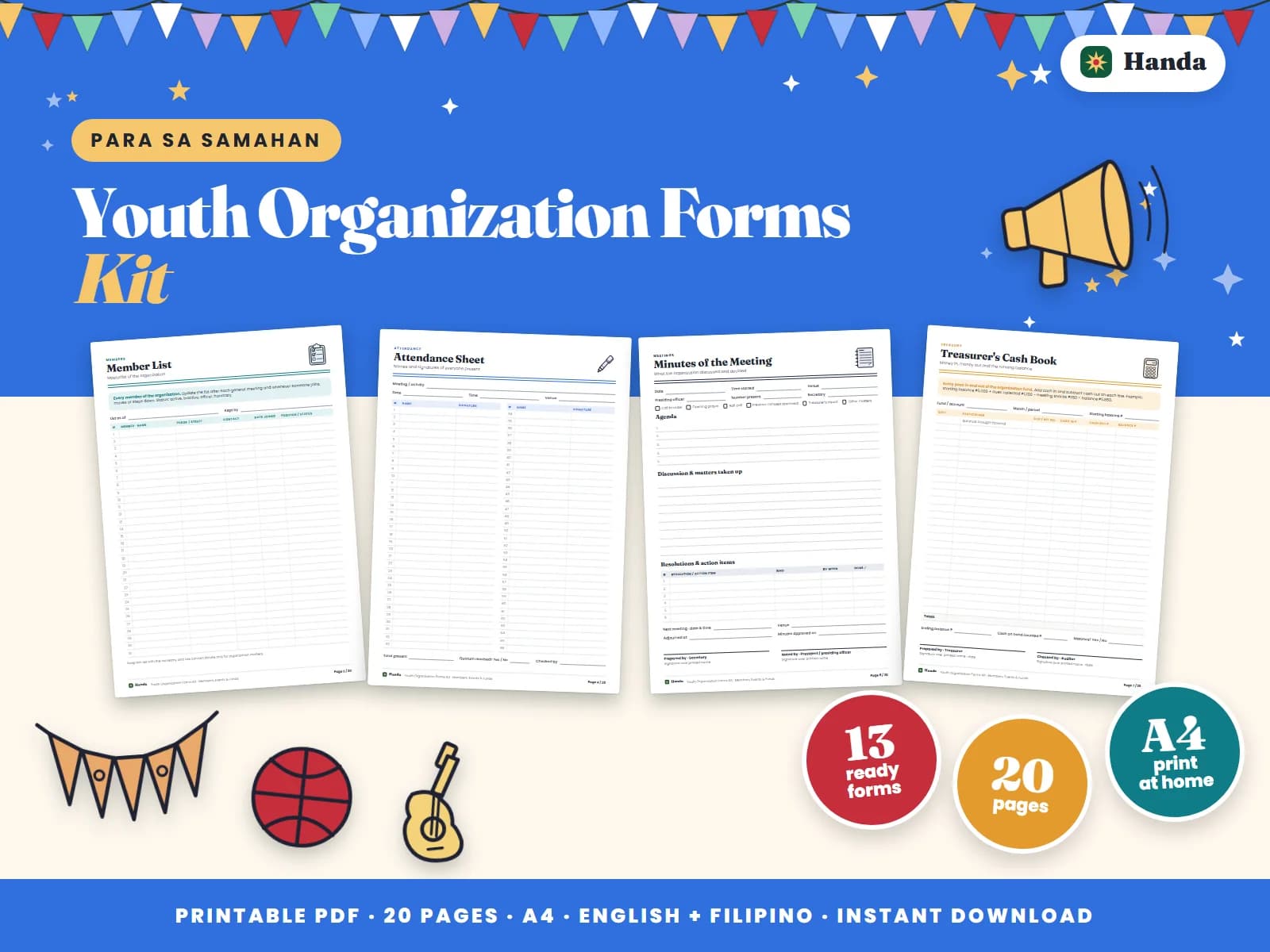 Member list, attendance, minutes, cash book, registration forms and schedules for a community youth group.