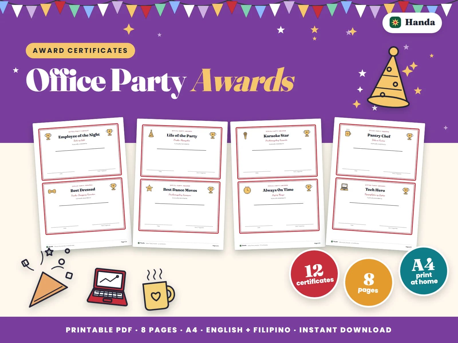Twelve light-hearted award certificates for any office party.