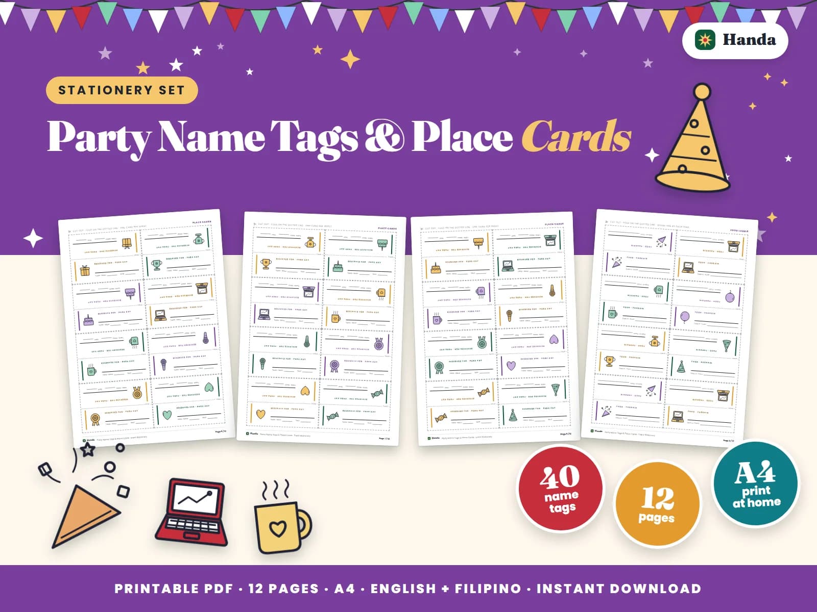 Name tags, place cards and food labels for any party or event.