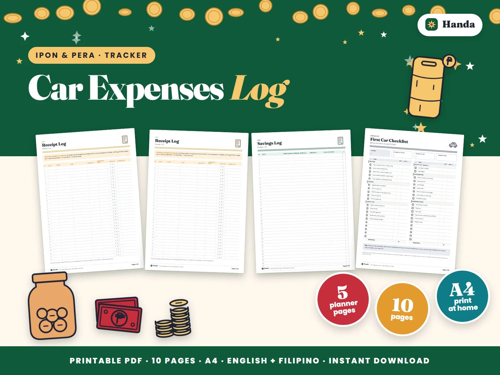 A car budget and logs for fuel, maintenance and other car costs.