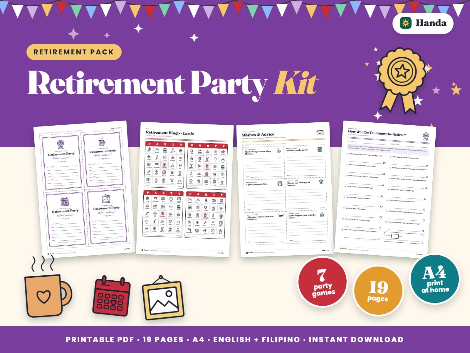 Invitations, a retiree quiz, bingo, message cards, guest book, signs and awards.