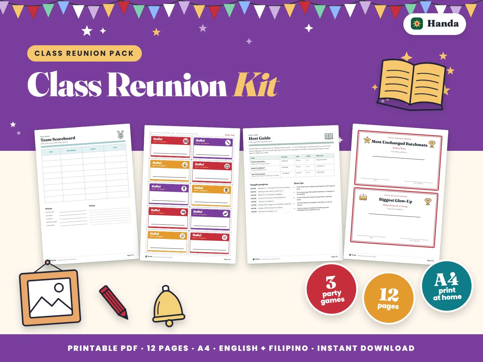 Where-are-they-now cards, name tags, a batch quiz, icebreakers and awards.