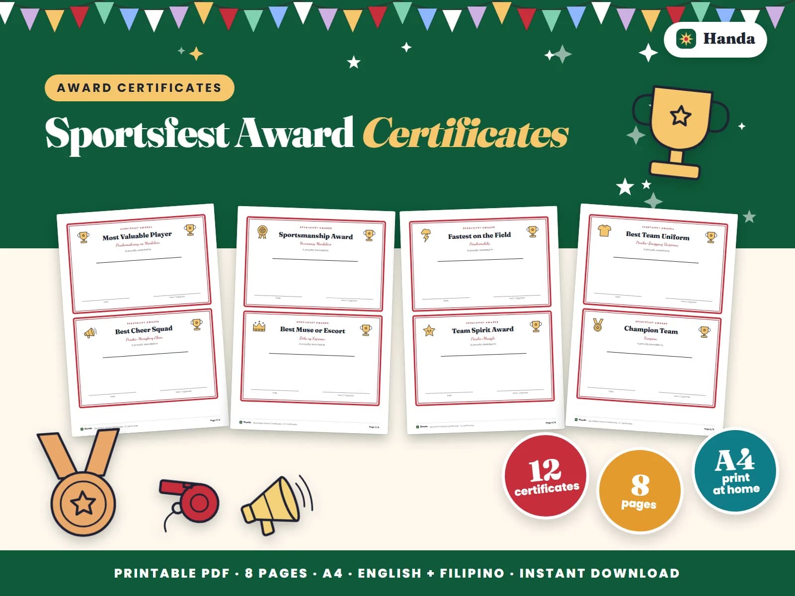Twelve award certificates for teams and players.