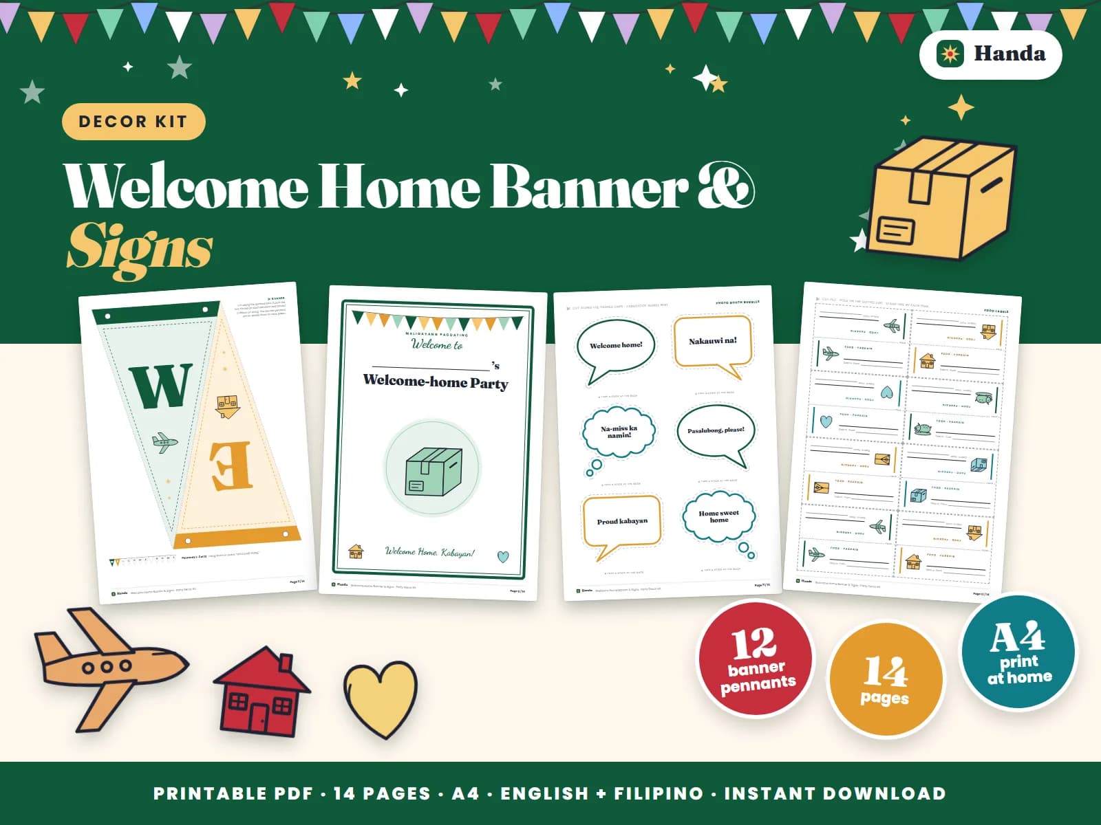 WELCOME HOME banner letters, signs, photo props and food labels.